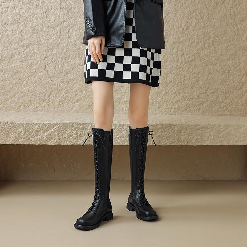 Krazing Pot Cow Split Skin Autumn Winter Shoes Concise Thick Heels Size 41 Thigh High Boots Keep Warm Round Toe Slip On Retro Knee Boots