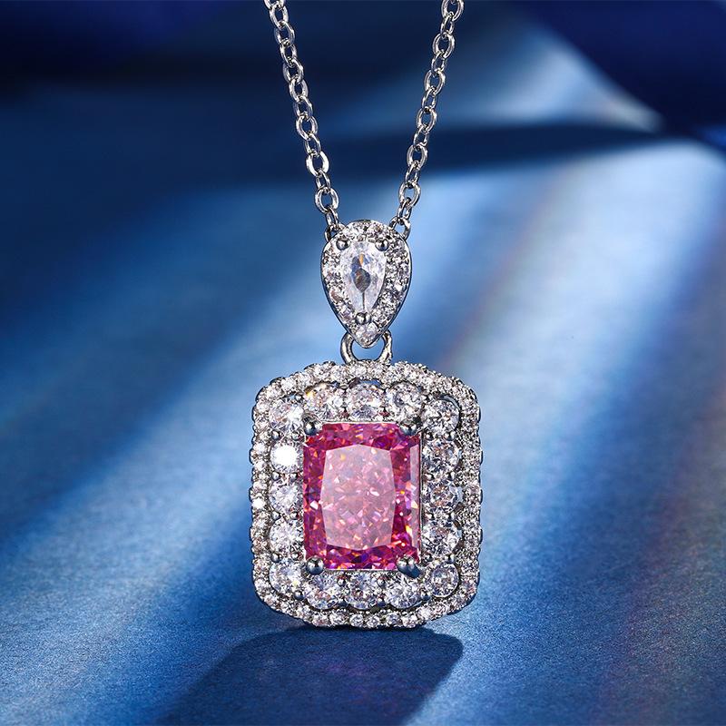 Autumn and winter new Huabi jewelry high carbon diamond ice flower cut copper inlaid pink diamond sugar cube set female host stone 8 * 10
