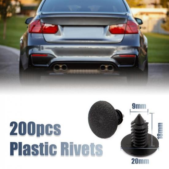 200PCS 9mm Hole Dia Plastic Rivets Fastener Push Clips Black for Car Auto Fender
