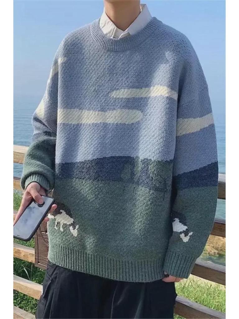 Herren Strickpullover im japanischen Stil mit Kuhmuster - Trendiger Rundhals-Pullover