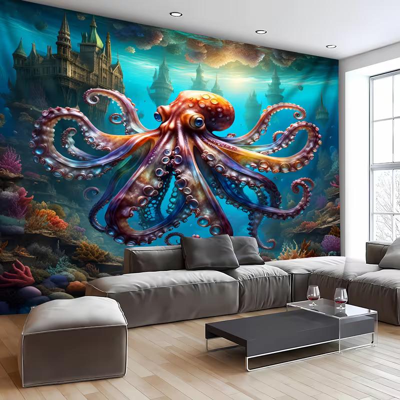 

2D Underwater Castle Octopus Tapestry Colorful Coral Ocean Wall Hanging 47.2x31.5inch/120*80cm