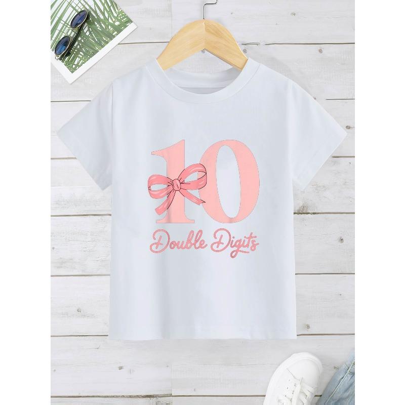 

European Size Boys Round Neck Short Sleeved T Shirt with Pink Bow and Geometric Patterns 164cm білий