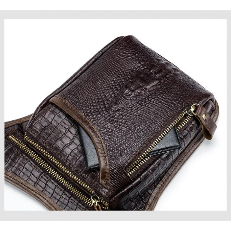 Head Layer Cowhide Men's Motorcycle Leg Bag European American Retro Crocodile Pattern Genuine Leather Riding Waist Hanging