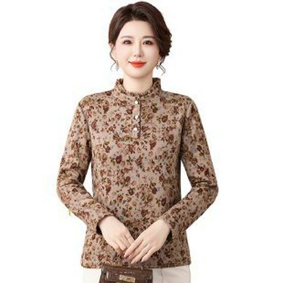 Stylish Patterned Autumn/Winter Shirts for Middle-Aged & Elderly Women - Loose Fit, Belly-Covering, Plus Size Base Layer.
