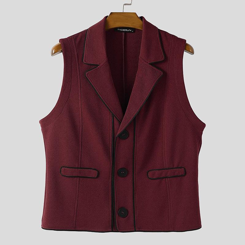 INCERUN Men Lapel Neck Sleeveless Stitching Casual Thin Slim Vest Waistcoat