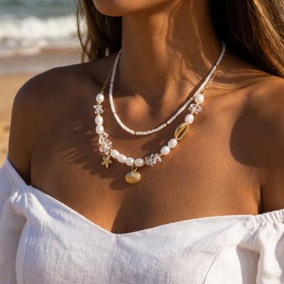 Doppelschichtiger Seestern Muschel Imitation Perle Reiskorn Perlen Splitterstein Halskette Für Frauen Männer Boho Sommer Choker Urlaubs Schmuck