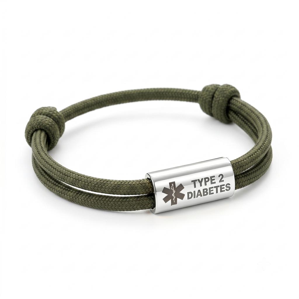 Bracciale Diabete di Tipo 2 Acciaio Inossidabile Barra Incisa Corda di Nylon Intrecciata Doppia per Uomo Donna