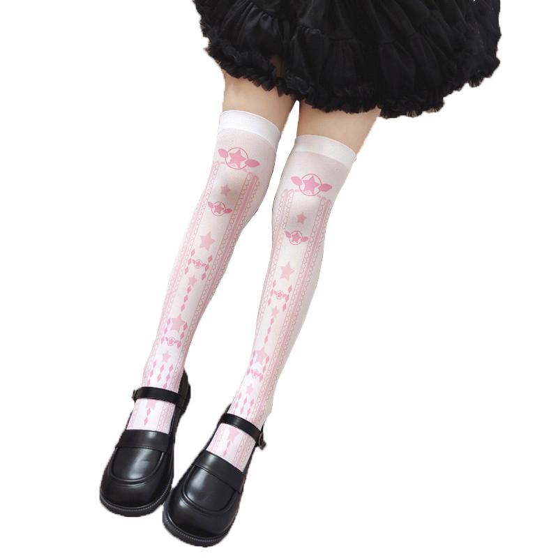 Calze rosa da principessa Lolita sopra il ginocchio con stampa fiocco d'amore calze da ragazza estive sottili per festa appuntamento cosplay