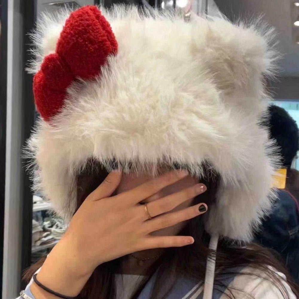 Korean Style Bow Beanie Hat Windproof Ear Protection Hat Fashion Plush Beanie Hat  Winter