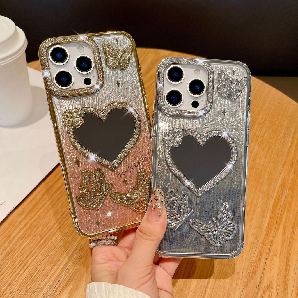 Sparkling Diamond Love Mirror for IPhone 16 Promax Phone Case for Apple 15 Water Ripple Gradient Soft Case