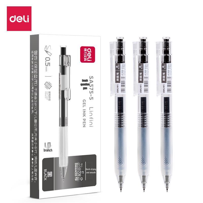Deli Quick-Drying Press-Type 0.5mm ST Nib Student Pen: Transparent Barrel Black Ink.