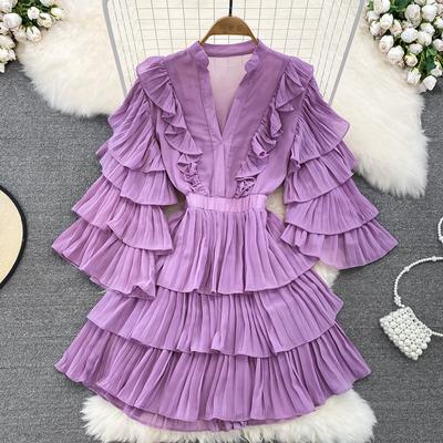 Mode Schwarz V-ausschnitt Multilayer Rüschen Flare Ärmel Kleid Frauen Herbst Kleid Für Mädchen Chic Kleid Taille Schlank A-linie Kleider