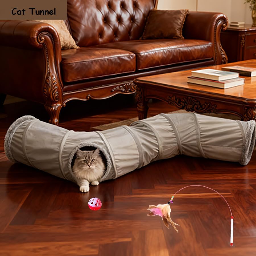 Cat Tunnel Tube Toy Kit Collapsible 2 Way Grey Plush, Pet Tunnels for Indoor Cats, Long Tubes for Puppy, Kitty, Kitten, Rabbit for Playtime &