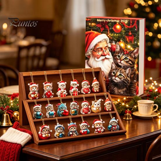 Christmas Advent Calendar Cat Calendar, 24 Days Countdown Cute 2D Kitten Holiday Backpack Charm Accessory Ornaments for Party Tree Decor, Gifts Lovers