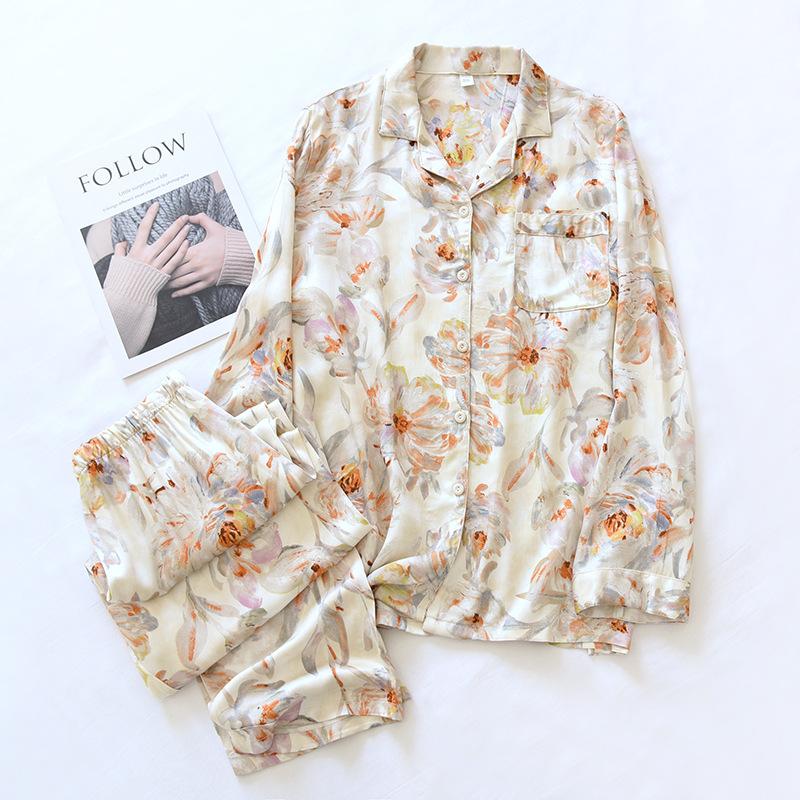 Fashion Flower Silky Pajamas Sets Women Summer Sleepwear LAong-sleeve High Quality Pyjamas