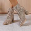Fashion Sequin Single Shoes Fall New Pointed Toe Front Lace-Up Rear Zipper Anti-Slip Wear-Resistant Block Heel Single Boots