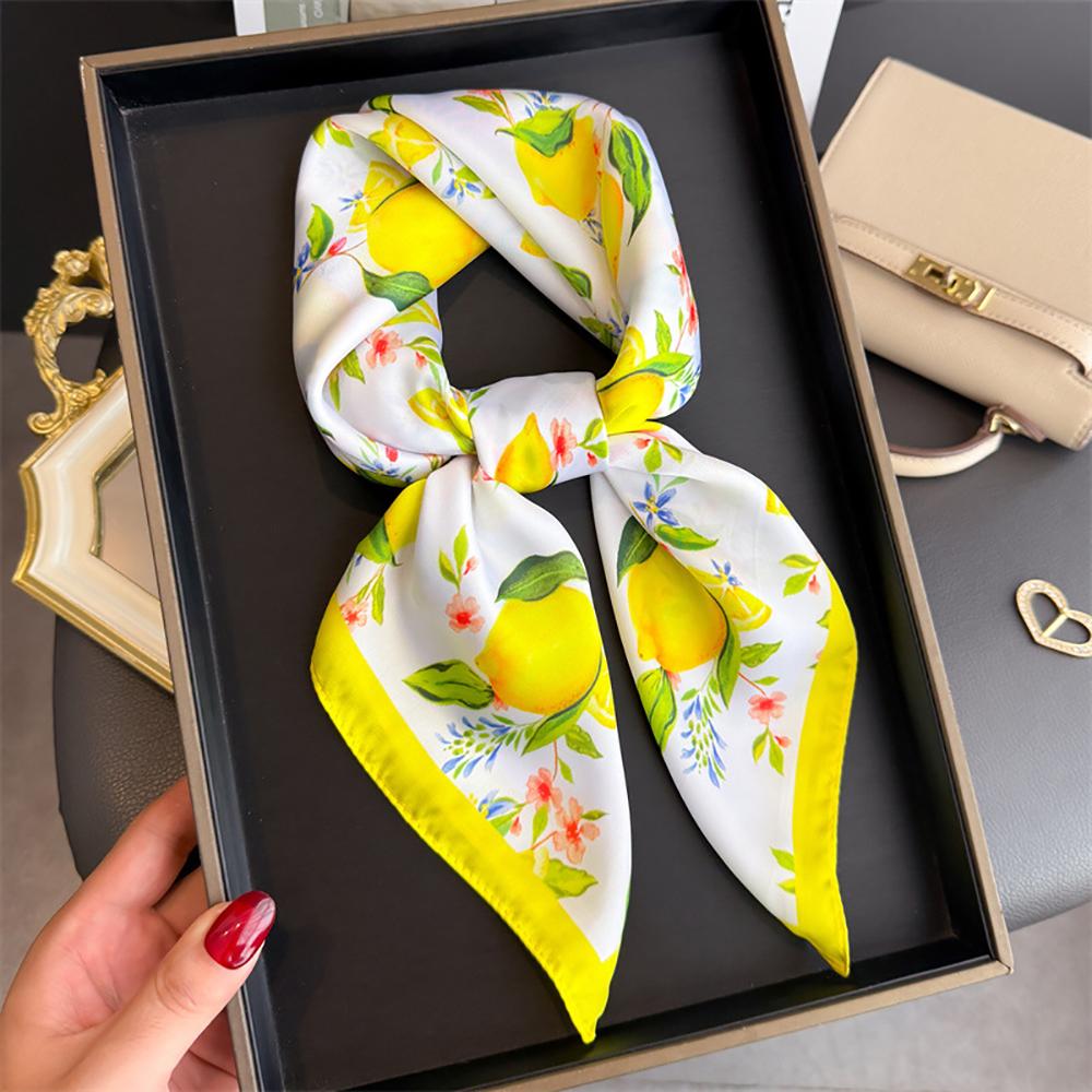 70cm Square Lemon Print Yellow Soft Satin Scarf Casual Elegant Thin Breathable Neck Women Windproof Head Wrap Hair Scarves 2025