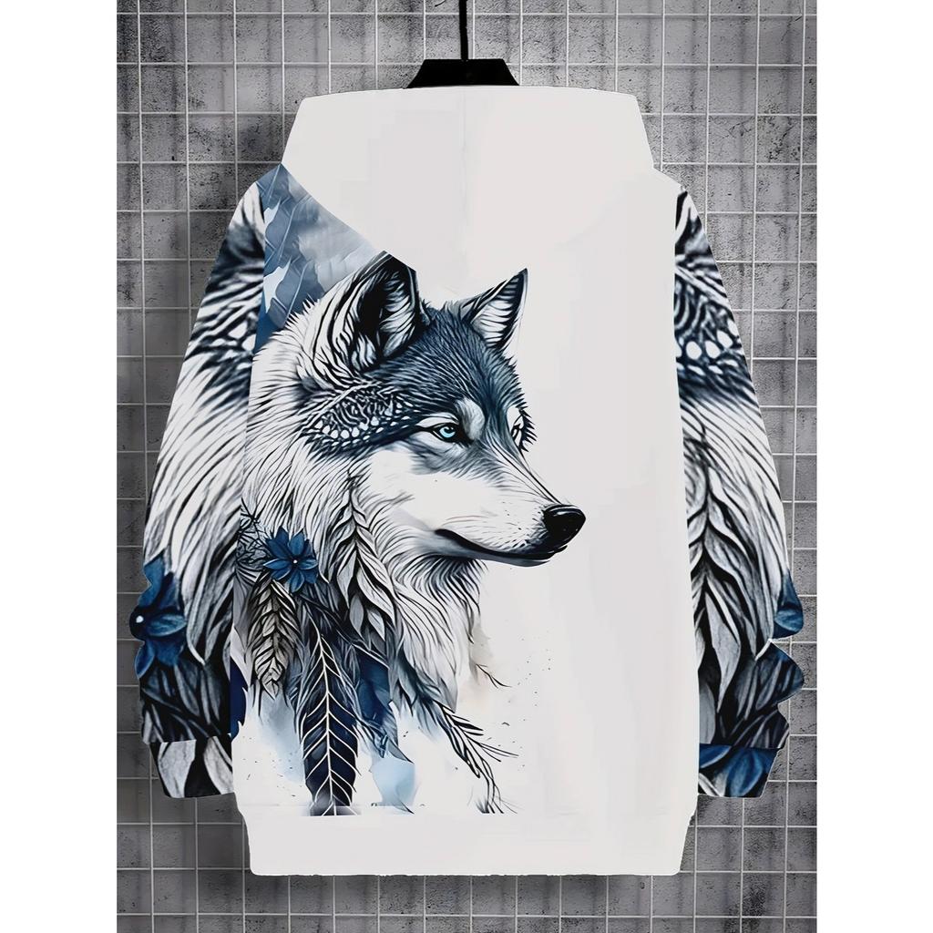Boy's Wolf Totem 3D Printed White Hoodie, Blue and White Ink Style Fashionable Boy's Hoodie