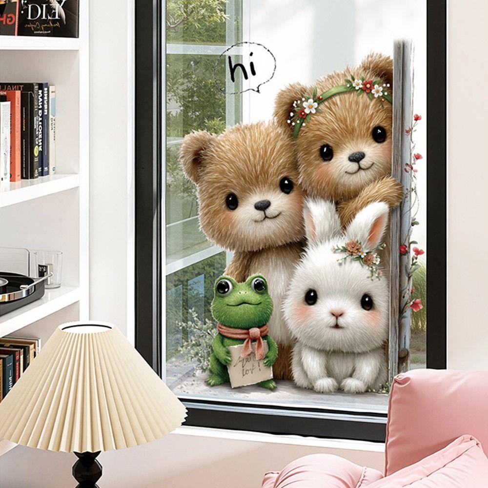 Cartoon Animal Decorative Sticker Bear Rabbit Frog Electrostatic Decals Static Stickers Glass Door