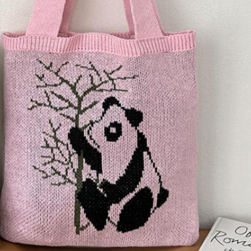 Bolsa Tote Nova com Padrão de Panda, Bolsa de Mão Versátil de Tricô, Bolsa de Praia Tecida, Bolsa de Ombro Vazada Tendência de Rua Para Mulheres