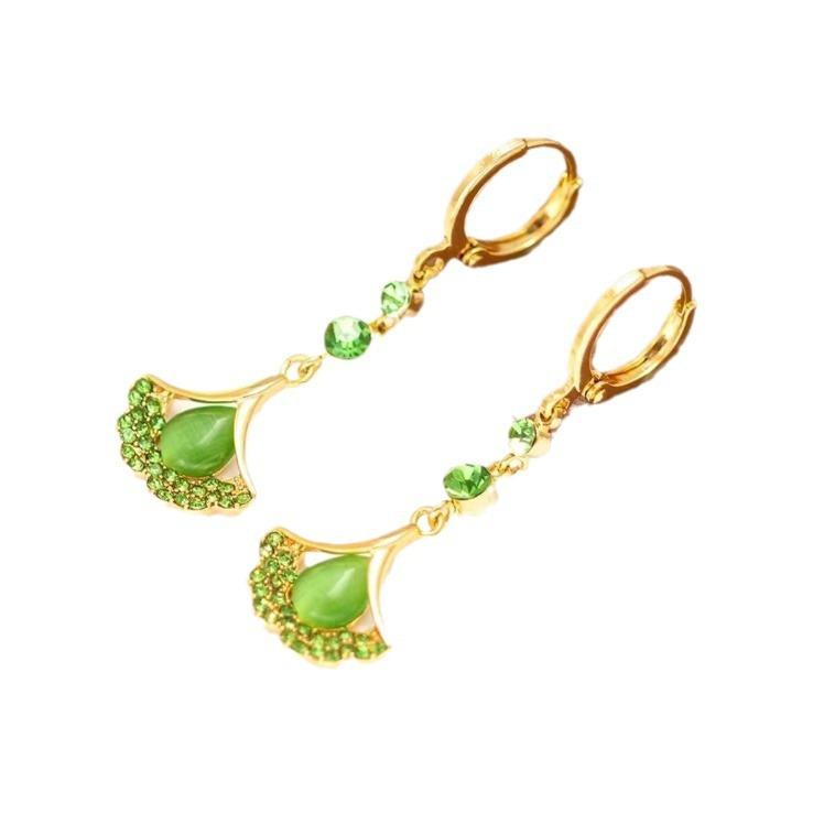 New fresh green opal ginkgo leaf earrings women's light luxury high-end long fringed earrings temperament earrings