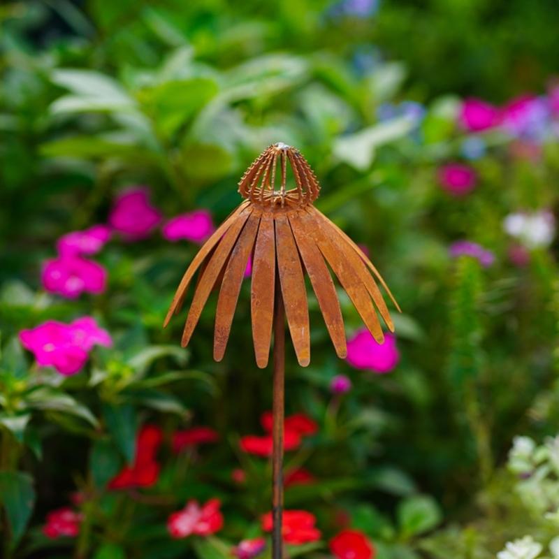 Rusty Echinacea Garden Art Stake Iron Plant Sculpture Weather Resistant Outdoor Decoration for Flower Beds Lawn