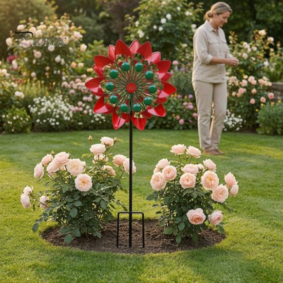 Decorative Backyard Garden Supplies Flower Wind Spinner, 29.5" Metal Spinner with Stake, Outdoor Rust Artistic Yard Decorations for Home Resistant