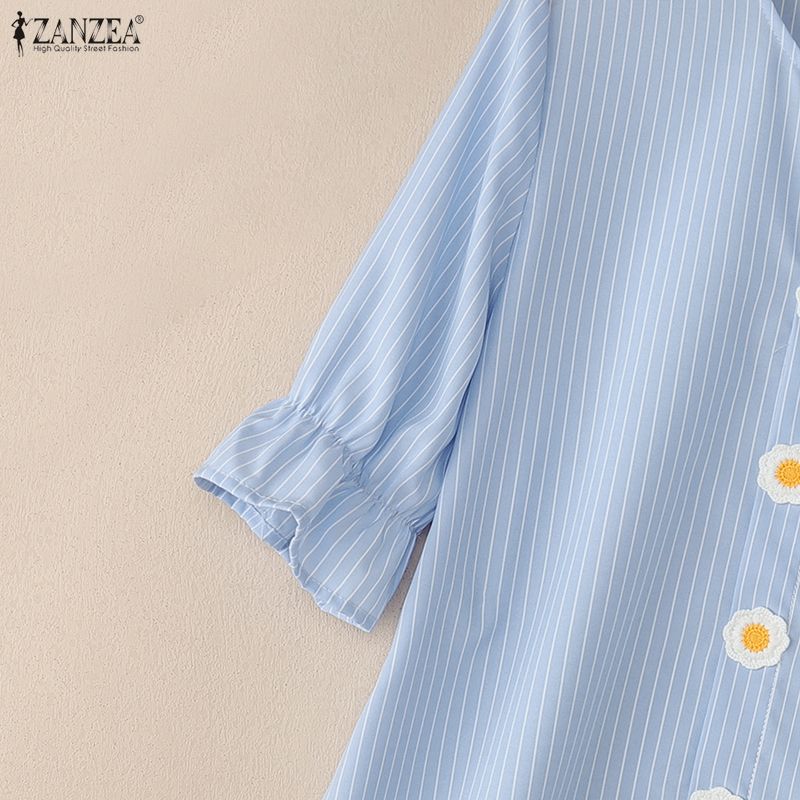 ZANZEA Dam Casual Rund Hals Lös Kortärmad Randig Blus