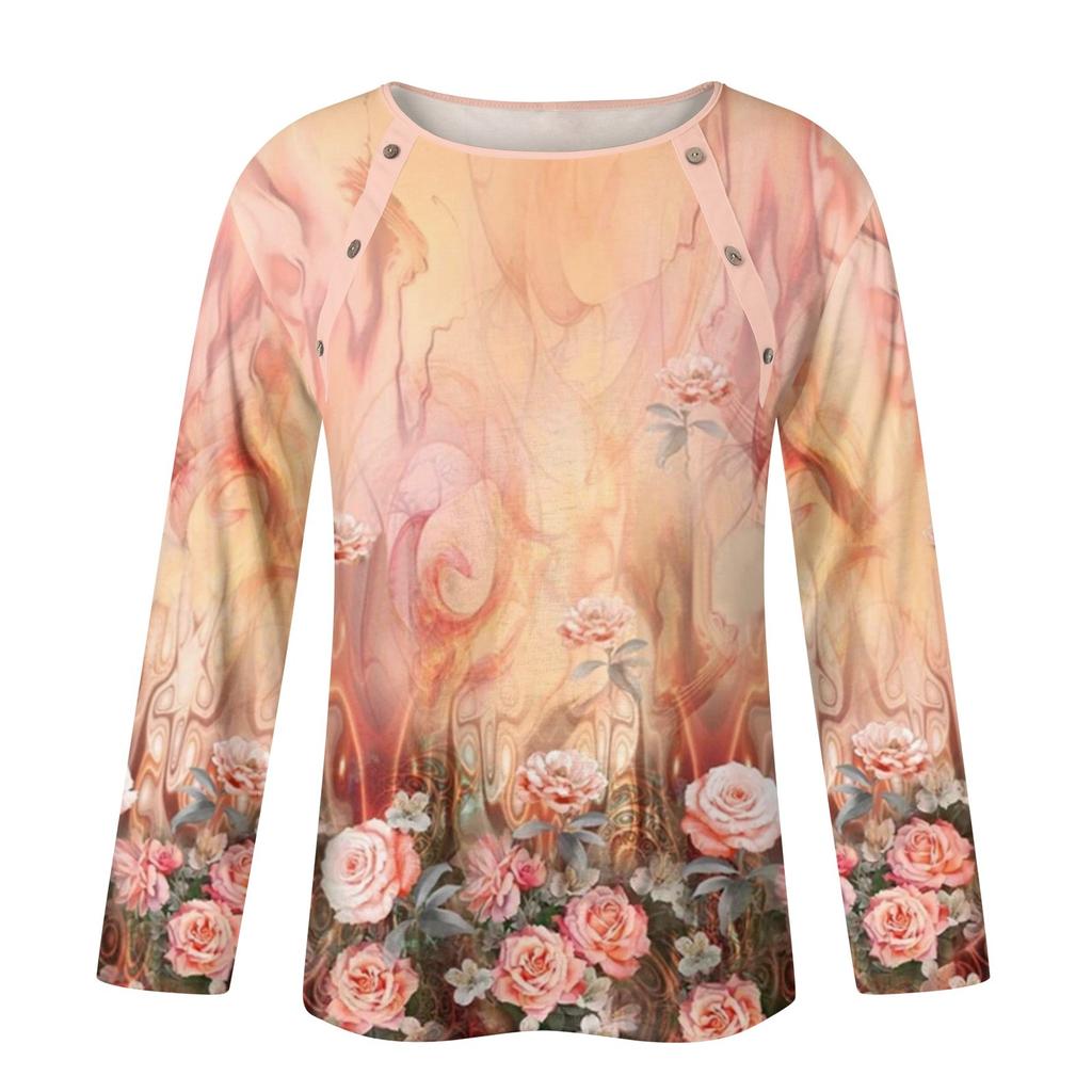 Women's Fashion Casual Round Neck Long Sleeve Floral Print Button Decorated T-Shirt Top