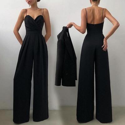 Spring Summer Women's Casual Wide Leg Long Jumpsuit Female Solid Color Draped Slim Playsuit Women Elegant High Waist Strap Solid One Piece Romper