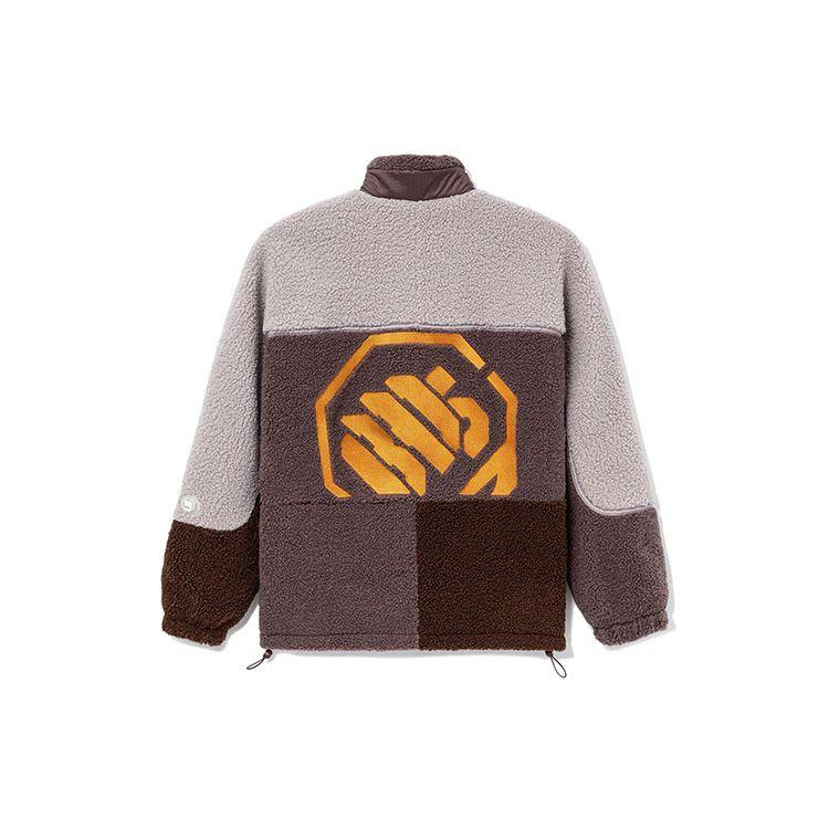 Li Ning Badfive Teplá bunda z jehněčího rouna s barevnými bloky Volný kardigan Stojáček Ležérní pánská bunda Soví-Fialová Šedá AFDR703-2