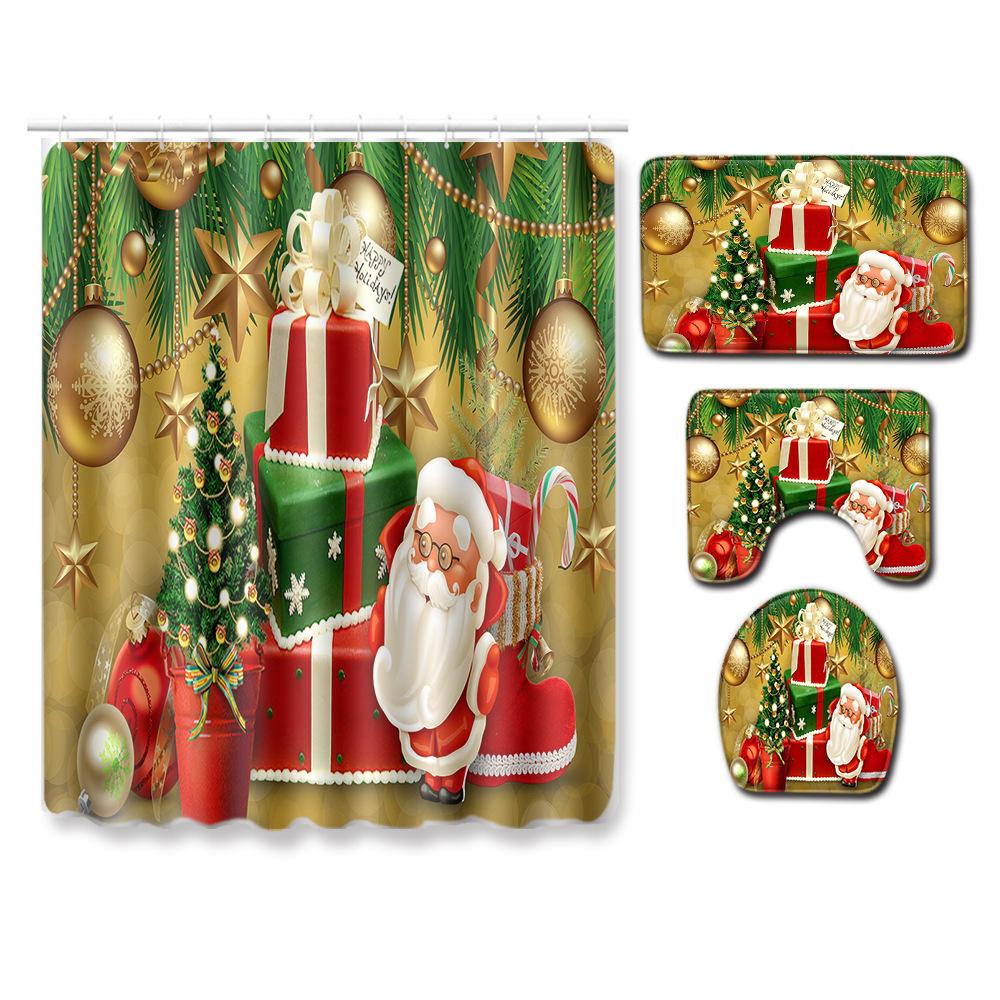 Christmas Printed Shower Curtain Floor Mat Four-Piece Bathroom Toilet Non-Slip Absorbent Carpet Toilet Non-Slip Door Mat