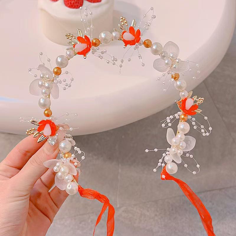 Golden Fairy Leaf Flower Pearl Headband - Elegant European Crown for Girls' Weddings