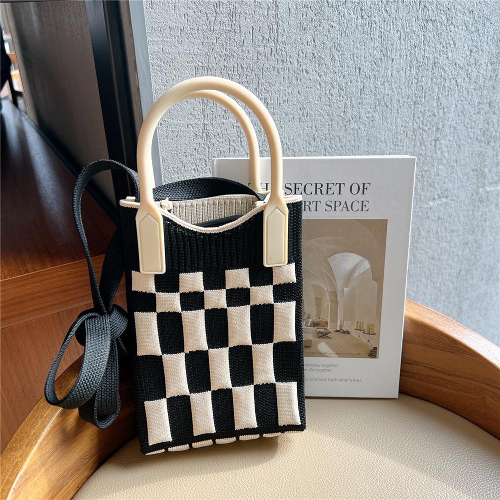 Plaid Cartoon Women's Crossbody Mini Bag: Cute, Lightweight, Knitted Phone Holder for Parent-Child Matching (2024)