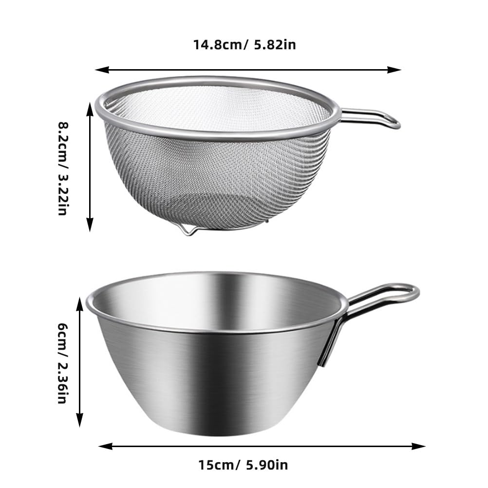 OUNONA Stainless Steel Colander and Bowl Set with Handles, Deep, Egg Beater, Cream Whisk, Salad Mixer, Rinse Rice, Strainer, Basket for Fruits and