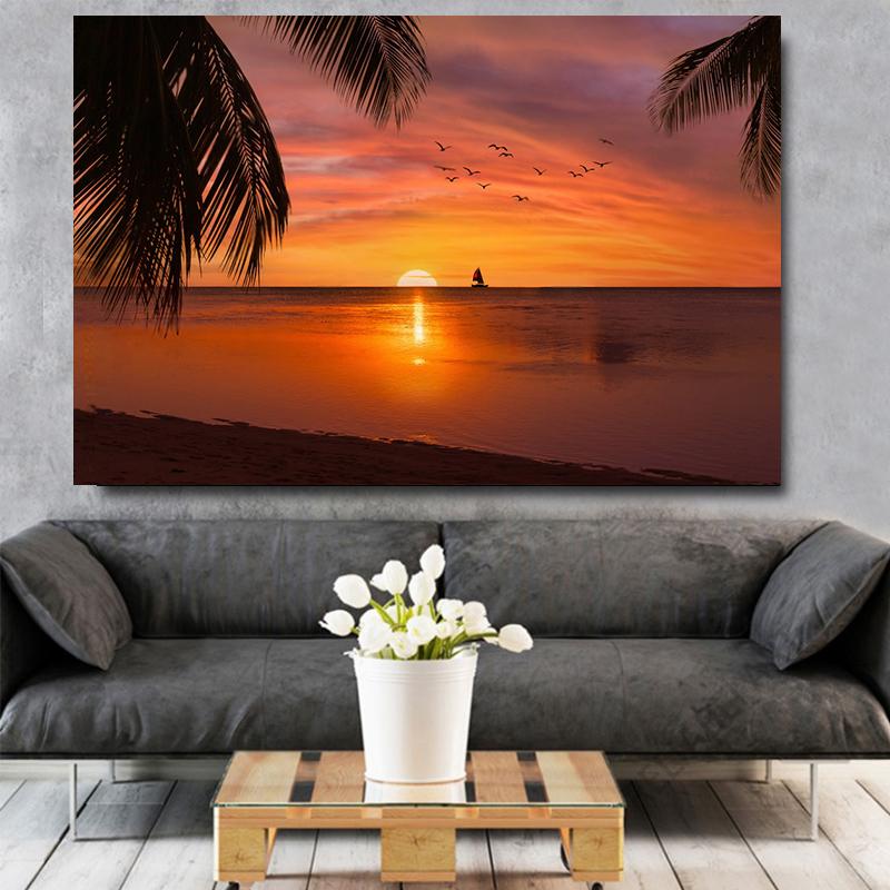 Sailing and Sunset HD Pictures Posters Prints Sailboat Surreal Ocean Birds Landscape Canvas Painting Wall Art Living Room Decor