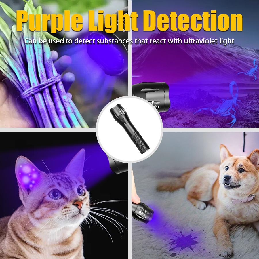 2 In 1 Ultraviolet Flashlight Purple White Dual Light Zoomable Torch Built In Battery Recharge Scorpion Hunting UV Flashlights