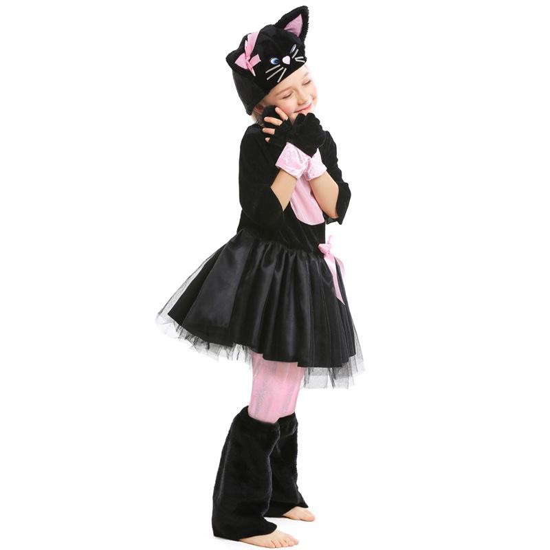 Kids Girls Animals Black Cat Dress Hat Sets Halloween Role Play Dress Up Cosplay Costume