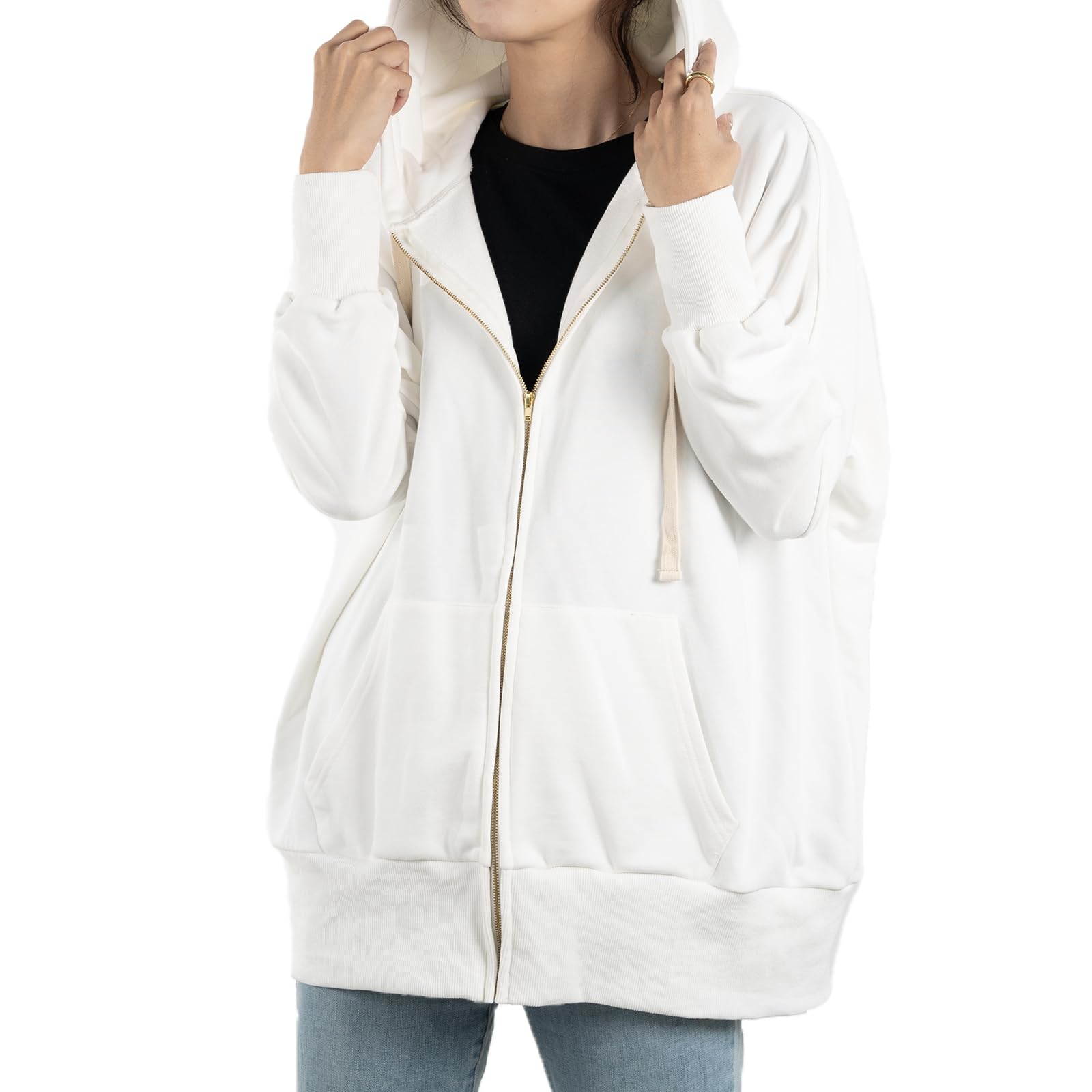 

Dolman Sleeve Long Hoodie with Solid Long Sleeve Loungewear for and Korean Harajuku Style [iito.seasons] Women s Loose-Fitting Hoodie, Length, Zip-Up белый