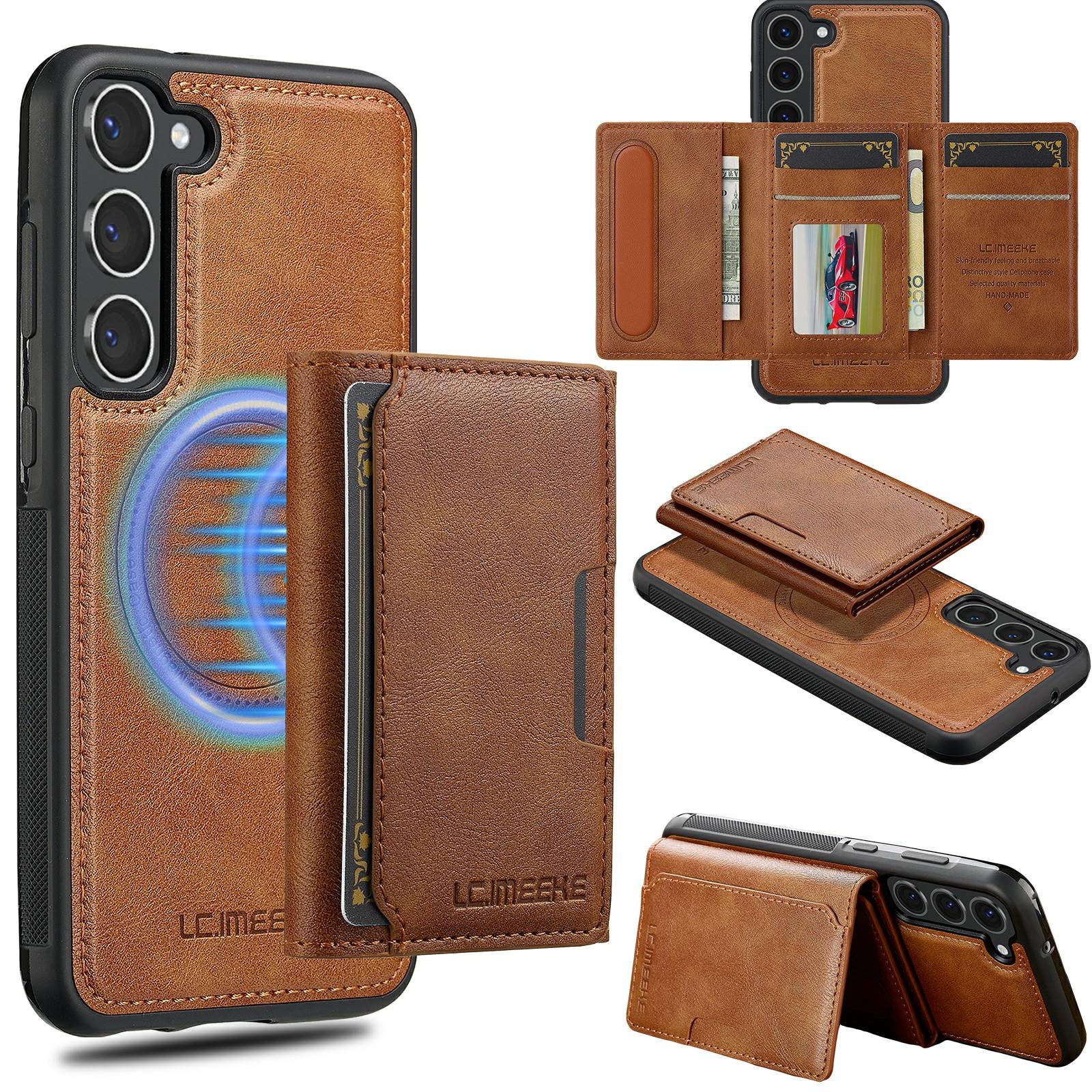 

LC.IMEEKE L5 For Samsung Galaxy S23 Magnetic Phone Case Leather Back Cover with Detachable Card Holder Brown