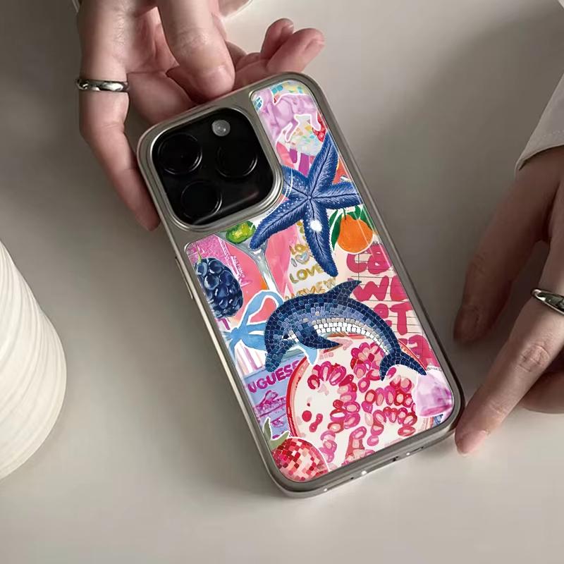 Custodia per Telefono Lusso con Motivo Delfino Stella Marina, Placcata Elettroliticamente, Colla a Goccia, per iPhone 17 Air 16 Pro Max 15 14 Plus 13 12 11, Cover Posteriore