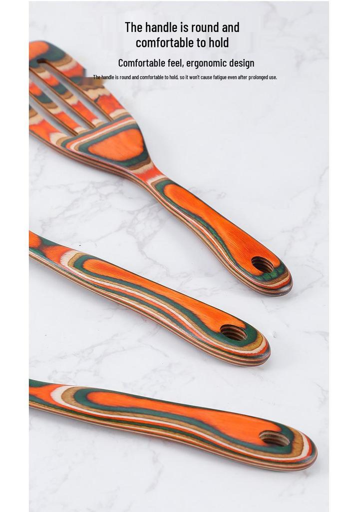 Colored Wooden Kitchen Set: Non-stick Ladle, Strainer, and Spatula.