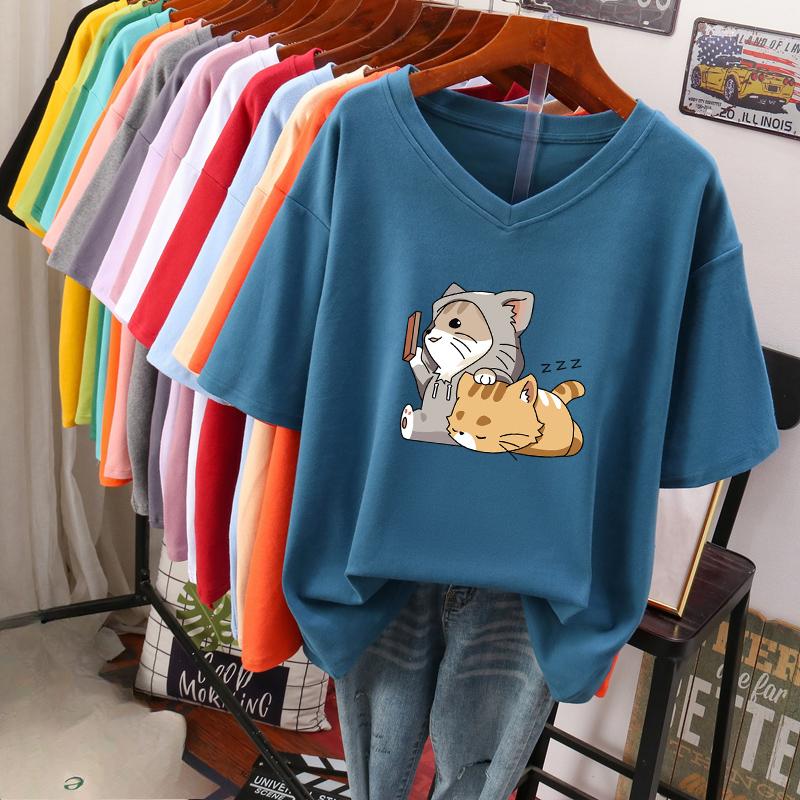 Kurzärmeliges T-Shirt, Locker sitzend, Schlankmachendes bedrucktes V-Ausschnitt-Top für Damen