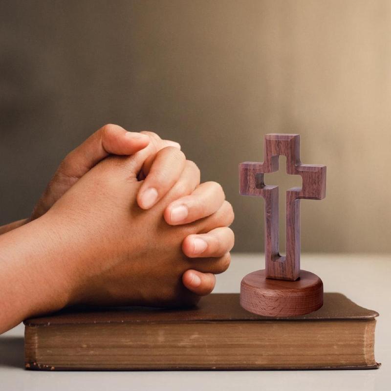 Church Altar Crucifix Statue Walnut Wood Hollow Standing Crosses Ornament with Magnetic Base for Easters Ceremony Decors