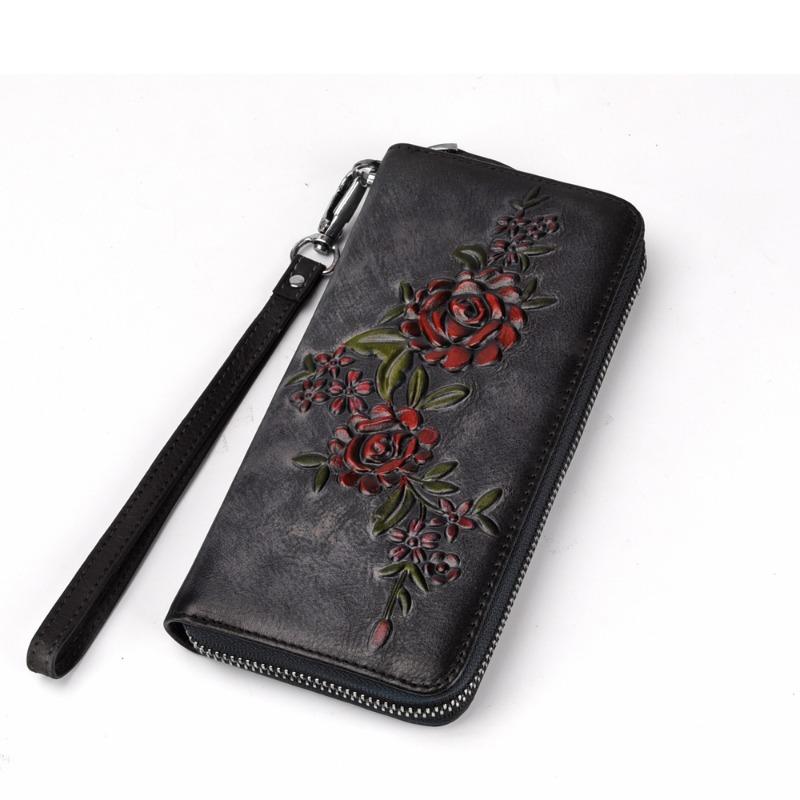 European and American Fashion Retro Tree High Leather Zipper Bag, Genuine Leather Top Layer Cowhide, Hand Polished Casual Handbag, Fashionable Wallet