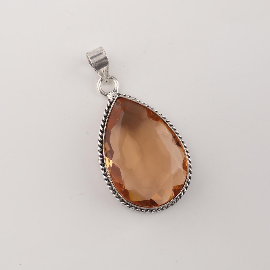 Champagne Quartz Gemstone Silver Women Pendant 1.8" , 925 Sterling Silver Jewelry, Orange Color Stone Pendant For Love PP-65-12