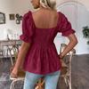 Womens Short Puff Sleeve Square Neck Smocked Peplum Blouse Casual Loose Fit Tiered Ruffle Hem Top for Daily Wear