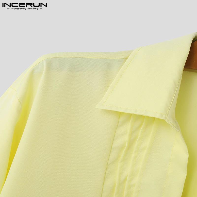 INCERUN Men Short Sleeve Pleated Shirts Casual Front Cross Solid Tops