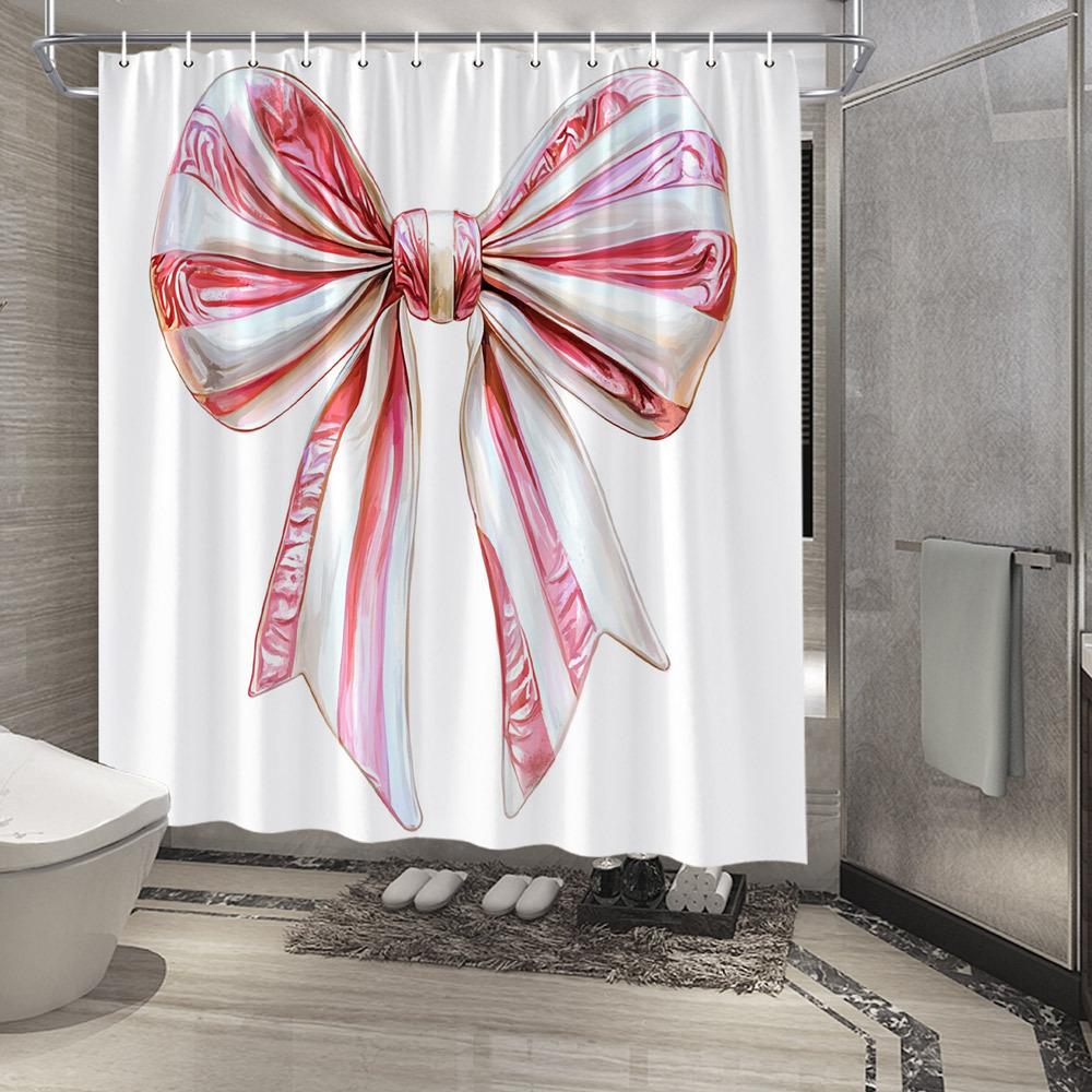 

1Pc Elegant Metallic Bow Shower Curtain, Glossy White With Pink And Red Swirls, Smooth Reflective Texture, 12 Hooks, 70X70 Inche W60H190(CM)-1 Pcs