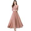 J-Scott Women's Long Chiffon Dress with Small Floral Print, Puff Sleeves, Bow Tie, High Waist, A-Line, Pink, JS08-PK-L